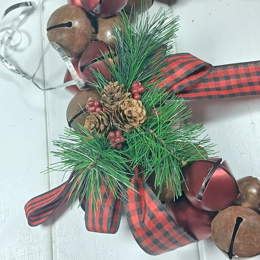 Red & Brown 13” Jingle Bell Metal Christmas Wreath, Holiday Decor Indoor Outdoor
